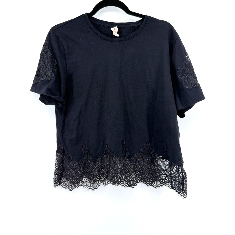Dolan Anthropologie T-Shirt Lace Trim Large Black Women Boho Eyelash Embroidered